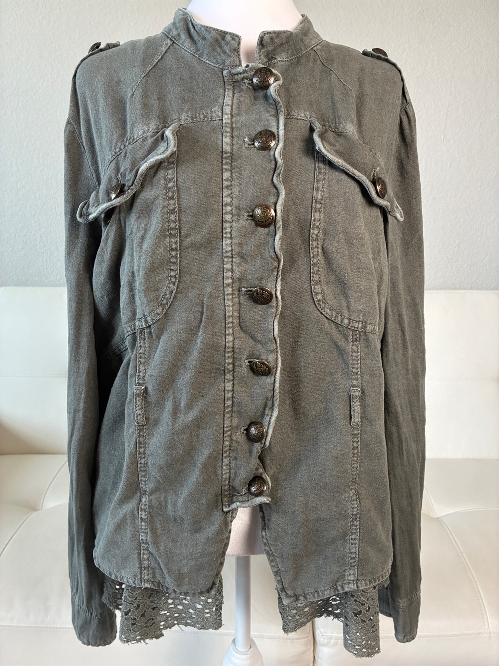 Free People Olive Green Military-Style Utility Jacket with Lace Hem